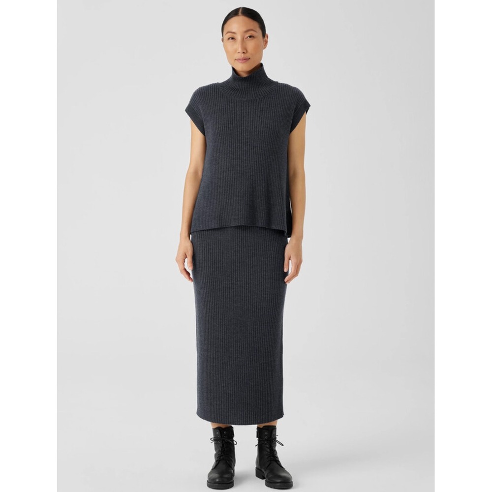Eileen Fisher Sweater Set Womens Med GRAY Ribbed Knit Merino Wool Pencil Skirt